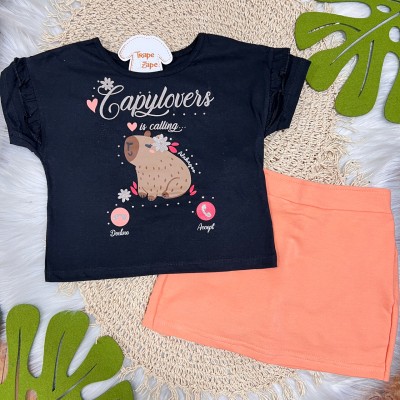 Conj. Blusa Capylove e Short Saia - Preto e Salmão